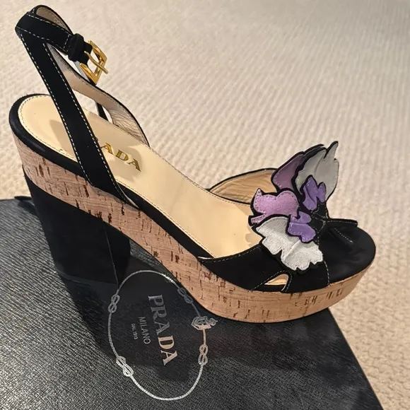 Prada Black and Purple Platform Shoes with Floral Embellishments