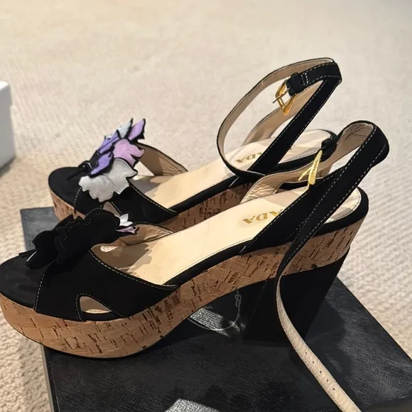 Prada Black and Purple Platform Shoes with Floral Embellishments