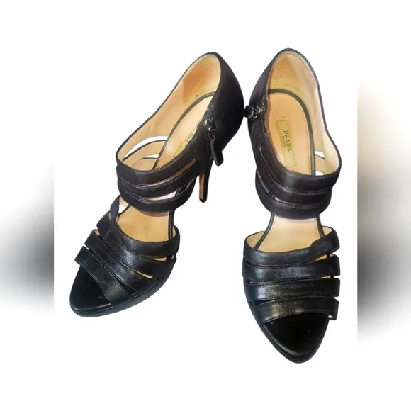 Prada Black Elegant Women's Leather Stilleto Platform Heels Sz 38