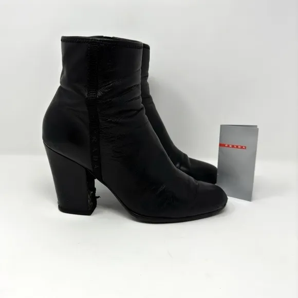 PRADA Black Leather Heel Booties