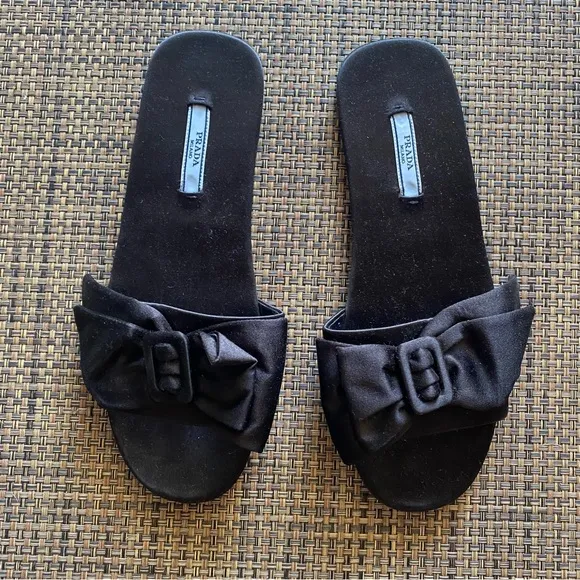 Prada Black Satin Bow Detail Slides Shoes