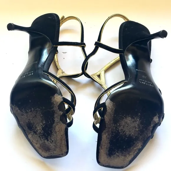 Prada Sling Back Holiday Heels Black Suede with Gold Leather accent Size 38
