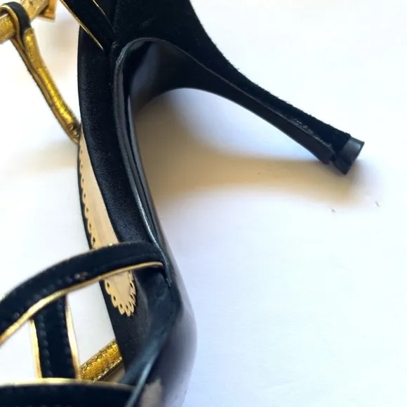Prada Sling Back Holiday Heels Black Suede with Gold Leather accent Size 38