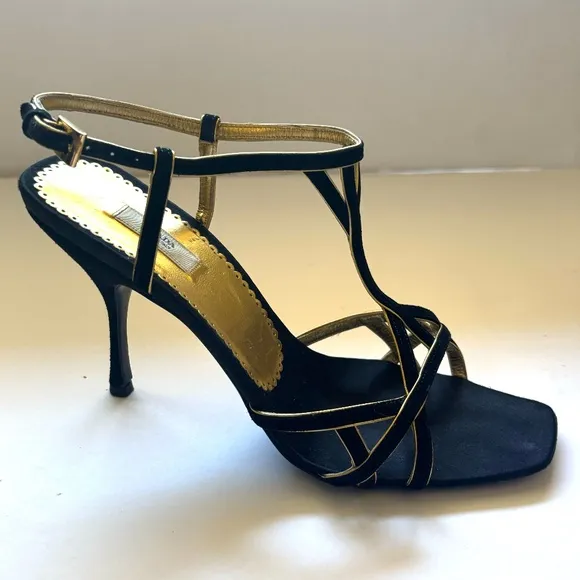 Prada Sling Back Holiday Heels Black Suede with Gold Leather accent Size 38