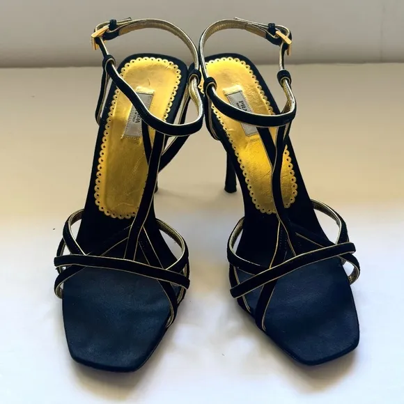 Prada Sling Back Holiday Heels Black Suede with Gold Leather accent Size 38