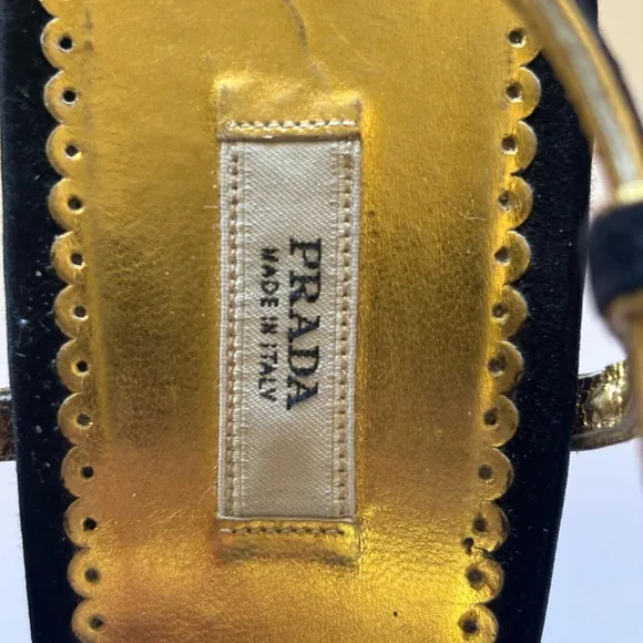 Prada Sling Back Holiday Heels Black Suede with Gold Leather accent Size 38