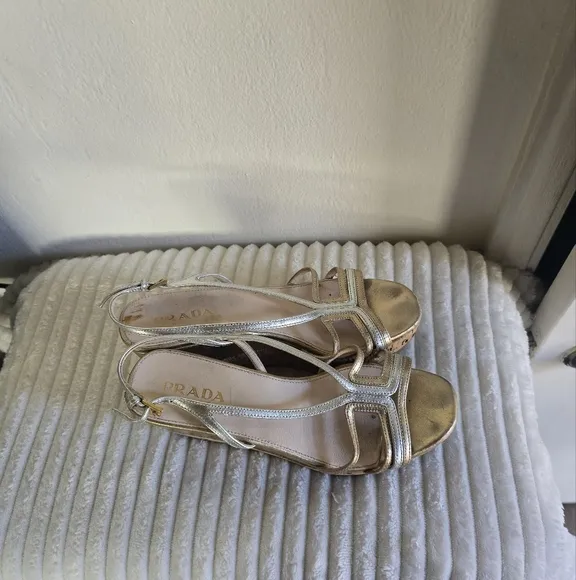 Prada Slingback Open Toe Elegant Silver and Gold Wedge Sandals Size 6