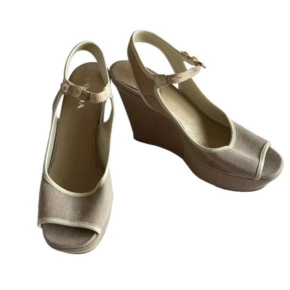 PRADA WEDGE CANVAS SHOES BEIGE OPEN TOE 36-6