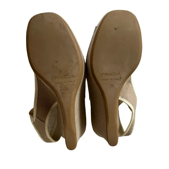 PRADA WEDGE CANVAS SHOES BEIGE OPEN TOE 36-6