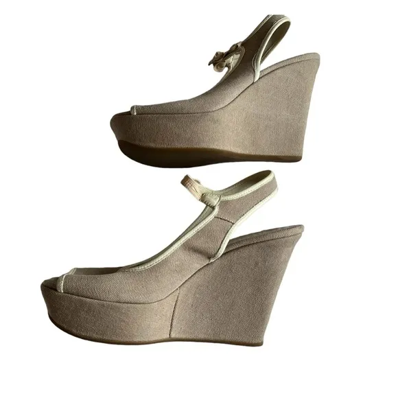 PRADA WEDGE CANVAS SHOES BEIGE OPEN TOE 36-6