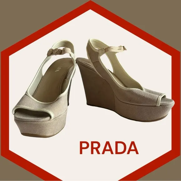 PRADA WEDGE CANVAS SHOES BEIGE OPEN TOE 36-6