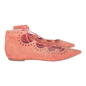 PRETTY BALLERINAS Suede Leather Flats Pointy Toe Pink Lace Up Girly, Size 7-7.5