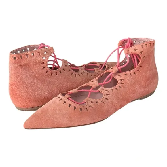 PRETTY BALLERINAS Suede Leather Flats Pointy Toe Pink Lace Up Girly, Size 7-7.5