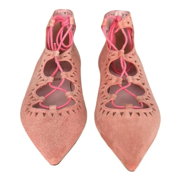 PRETTY BALLERINAS Suede Leather Flats Pointy Toe Pink Lace Up Girly, Size 7-7.5