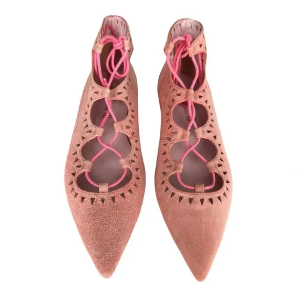 PRETTY BALLERINAS Suede Leather Flats Pointy Toe Pink Lace Up Girly, Size 7-7.5