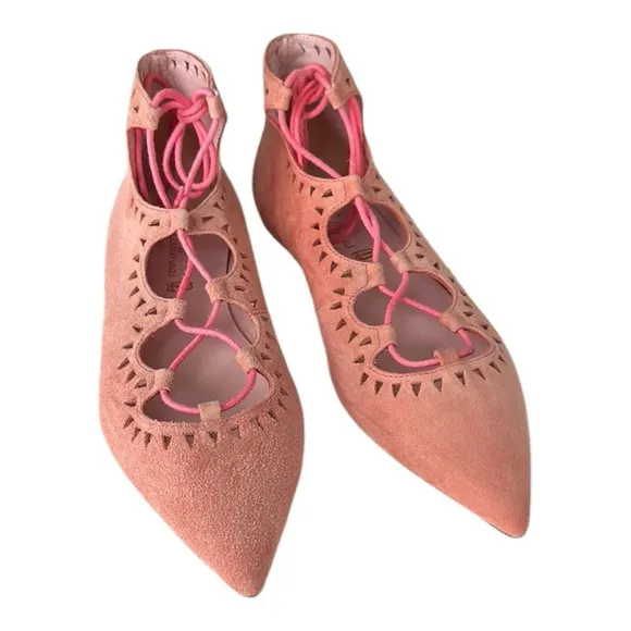 PRETTY BALLERINAS Suede Leather Flats Pointy Toe Pink Lace Up Girly, Size 7-7.5