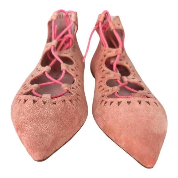 PRETTY BALLERINAS Suede Leather Flats Pointy Toe Pink Lace Up Girly, Size 7-7.5