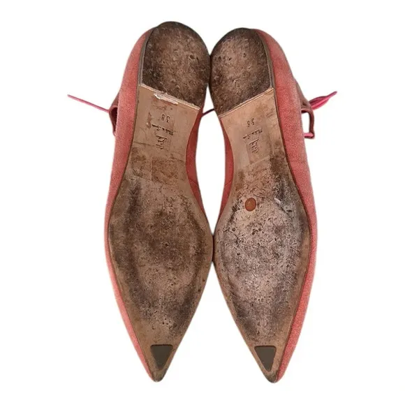 PRETTY BALLERINAS Suede Leather Flats Pointy Toe Pink Lace Up Girly, Size 7-7.5