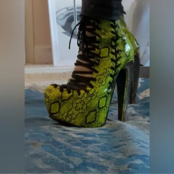 Privileged heeled  Florescent green and black snake skin shoes pleather