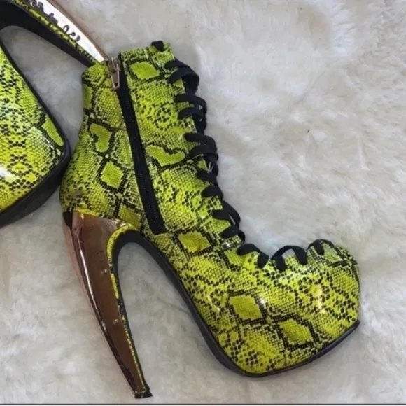 Privileged heeled  Florescent green and black snake skin shoes pleather