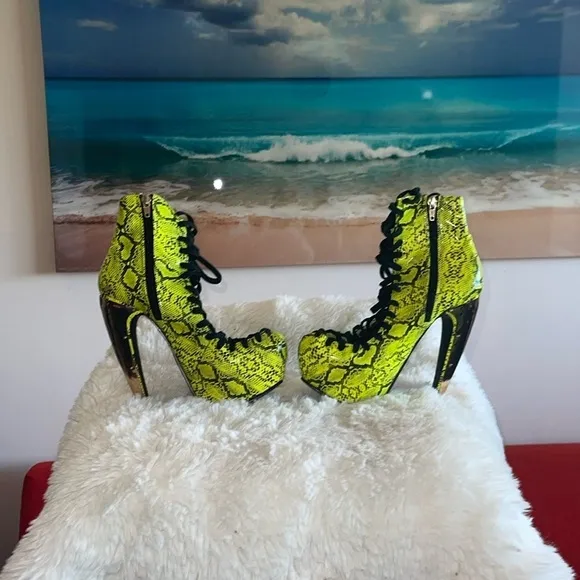 Privileged heeled  Florescent green and black snake skin shoes pleather