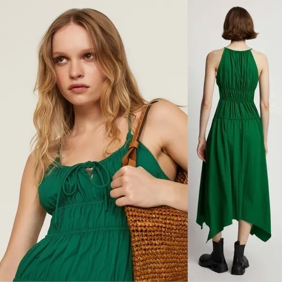 PROENZA SCHOULER Emerald Crepe Ruched Smocked Tie Front Sleeveless Midi Dress 10