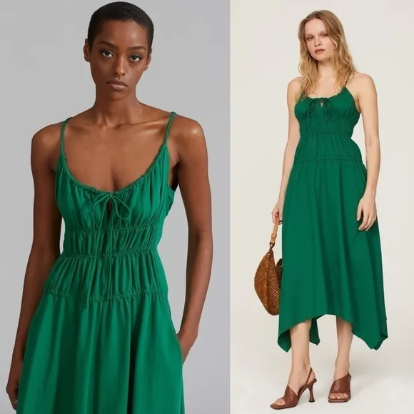 PROENZA SCHOULER Emerald Crepe Ruched Smocked Tie Front Sleeveless Midi Dress 10