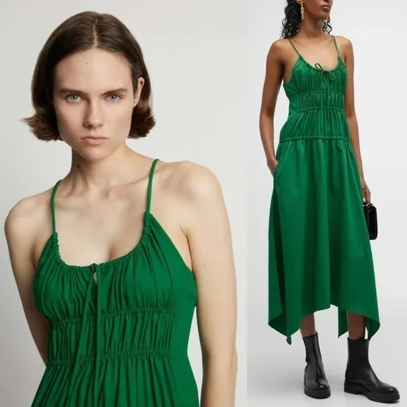 PROENZA SCHOULER Emerald Crepe Ruched Smocked Tie Front Sleeveless Midi Dress 10