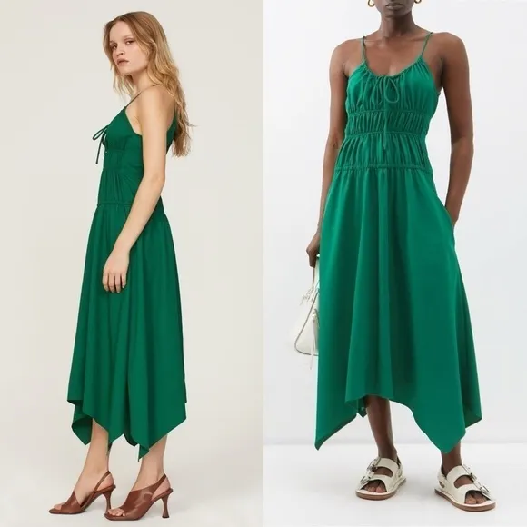 PROENZA SCHOULER Emerald Crepe Ruched Smocked Tie Front Sleeveless Midi Dress 10