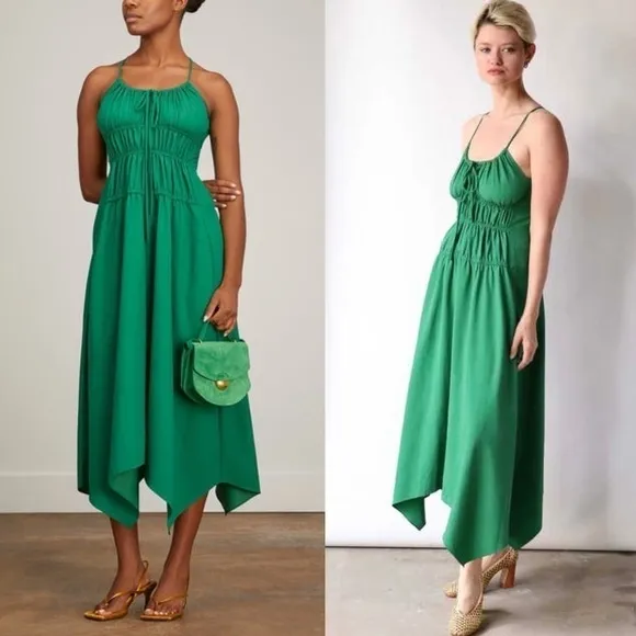 PROENZA SCHOULER Emerald Crepe Ruched Smocked Tie Front Sleeveless Midi Dress 10