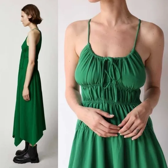 PROENZA SCHOULER Emerald Crepe Ruched Smocked Tie Front Sleeveless Midi Dress 10