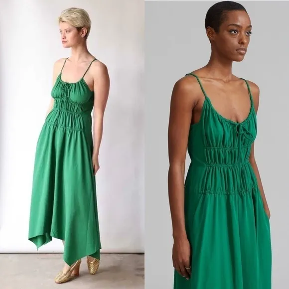 PROENZA SCHOULER Emerald Crepe Ruched Smocked Tie Front Sleeveless Midi Dress 10