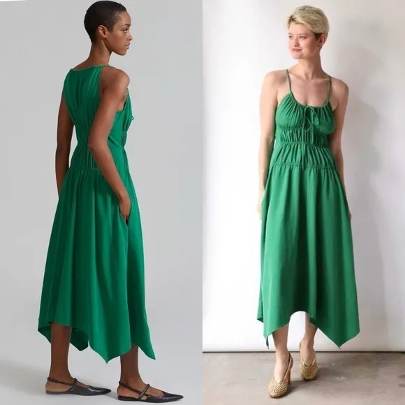 PROENZA SCHOULER Emerald Crepe Ruched Smocked Tie Front Sleeveless Midi Dress 10