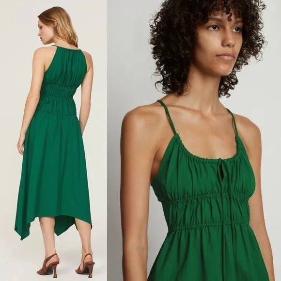 PROENZA SCHOULER Emerald Crepe Ruched Smocked Tie Front Sleeveless Midi Dress 10