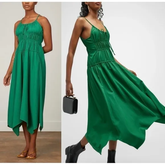 PROENZA SCHOULER Emerald Crepe Ruched Smocked Tie Front Sleeveless Midi Dress 10