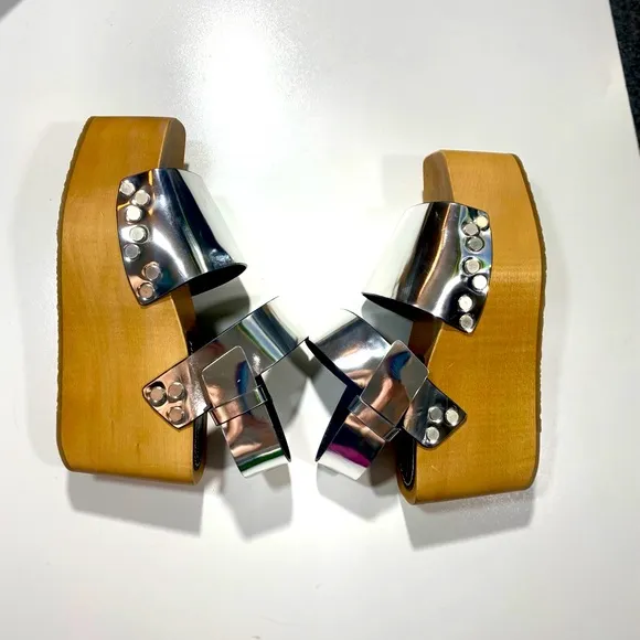 Proenza Schouler Metallic Silver Leather Chunky Platform Studded Clogs NWOT 9
