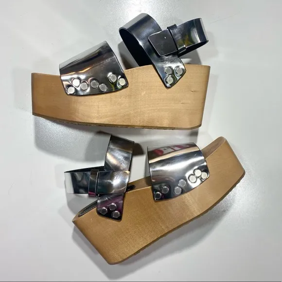 Proenza Schouler Metallic Silver Leather Chunky Platform Studded Clogs NWOT 9