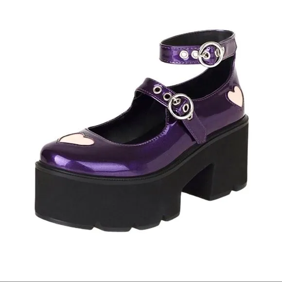 Purple Patent Double Straps Mary Jane Chunky Heel Platforms - NEW