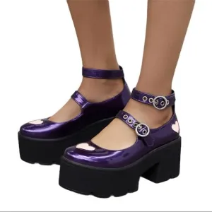 Purple Patent Double Straps Mary Jane Chunky Heel Platforms - NEW