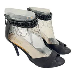 Rachael Roy Black Suede 4” Heels Open Toe | Chain Details