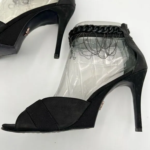 Rachael Roy Black Suede 4” Heels Open Toe | Chain Details
