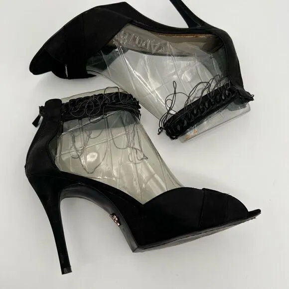 Rachael Roy Black Suede 4” Heels Open Toe | Chain Details