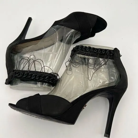 Rachael Roy Black Suede 4” Heels Open Toe | Chain Details