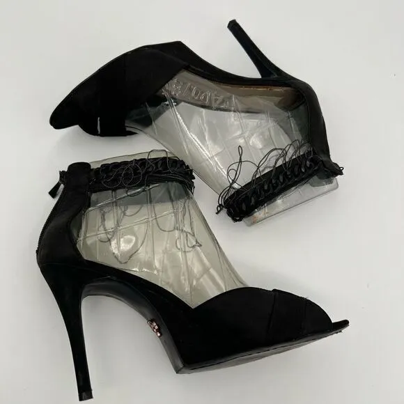 Rachael Roy Black Suede 4” Heels Open Toe | Chain Details
