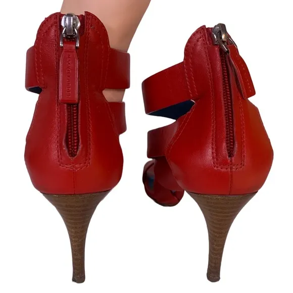 RALPH LAUREN COLLECTION PURPLE LABEL RED LEATHER STRAPPY HEELS (37.5B)