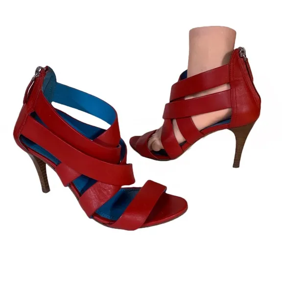 RALPH LAUREN COLLECTION PURPLE LABEL RED LEATHER STRAPPY HEELS (37.5B)