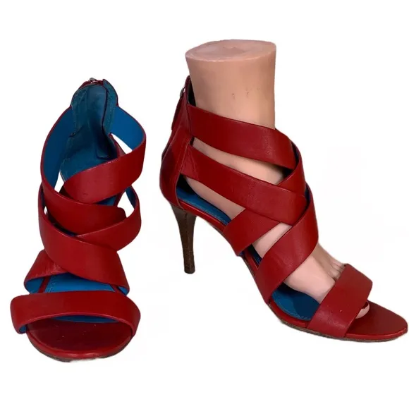 RALPH LAUREN COLLECTION PURPLE LABEL RED LEATHER STRAPPY HEELS (37.5B)