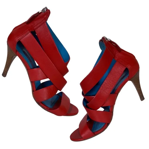 RALPH LAUREN COLLECTION PURPLE LABEL RED LEATHER STRAPPY HEELS (37.5B)