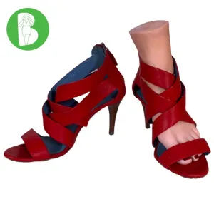 RALPH LAUREN COLLECTION PURPLE LABEL RED LEATHER STRAPPY HEELS (37.5B)
