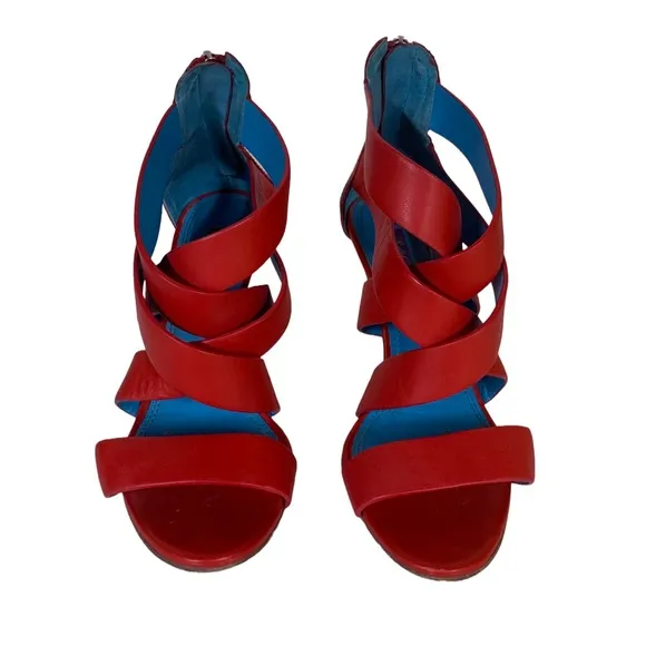 RALPH LAUREN COLLECTION PURPLE LABEL RED LEATHER STRAPPY HEELS (37.5B)